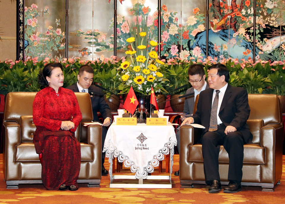 越南国会主席阮氏金银会见中国江苏省省委书记娄勤俭。越通社记者 仲德 摄