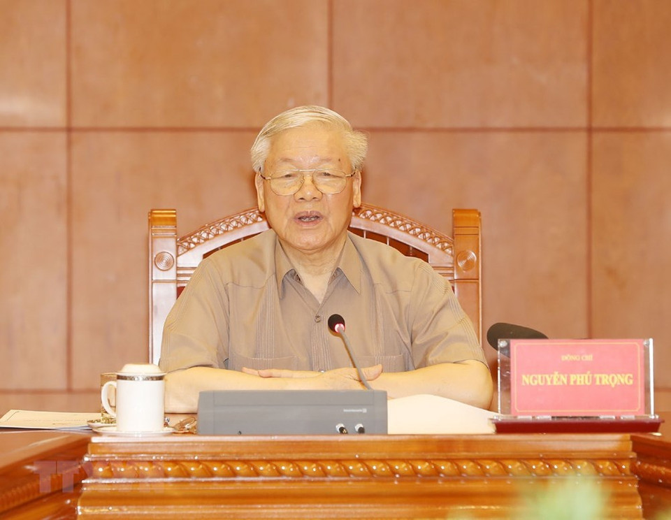 越共中央总书记、国家主席、中央反腐败指导委员会常委会主任阮富仲发表指导性。越通社记者智勇 摄