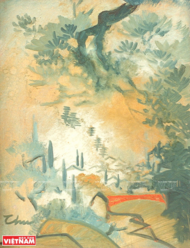 吴曰授的《霜雾弥漫之山》（胶合板油画，1975年前）。图自越通社