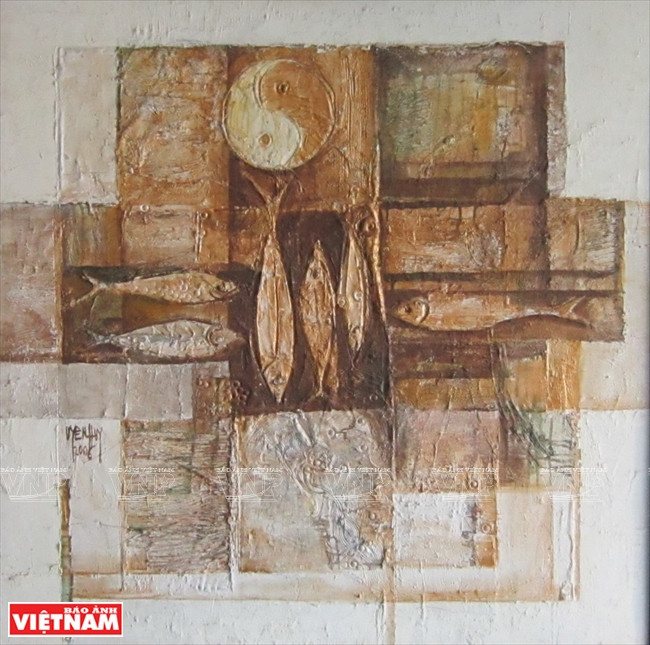 駌辉的《金鱼》（粗布油画）。图自越通社