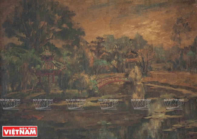 孝弟的《水亭，西贡草禽园》（粗布油画，1975年前）。图自越通社