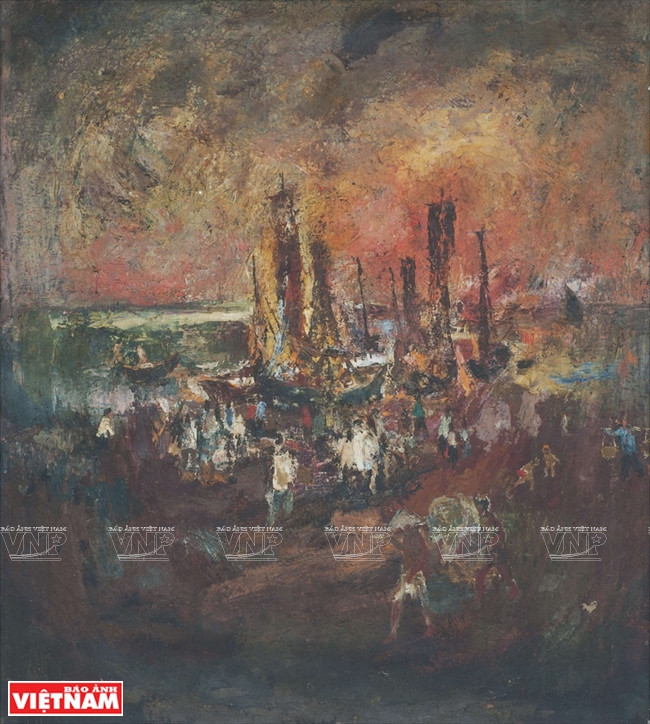 文黑的《黎明出海》（粗布油画）。图自越通社