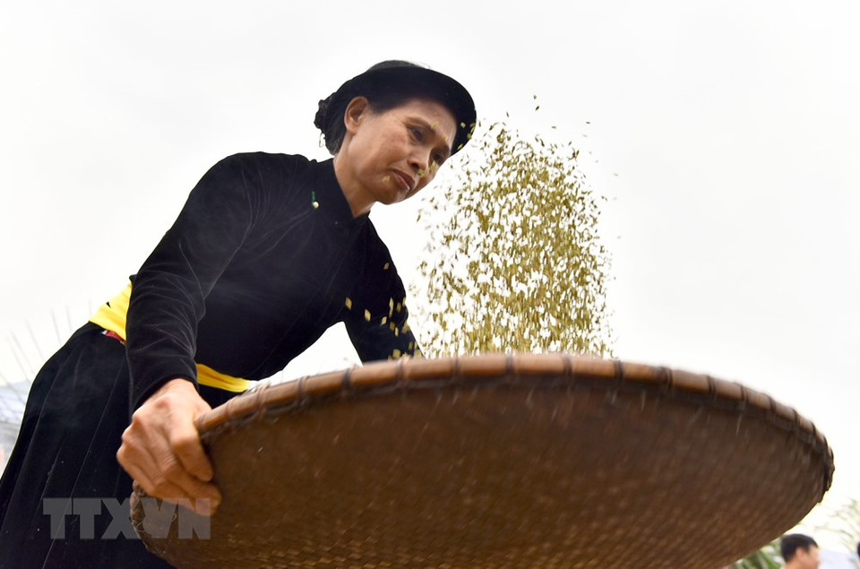 同胞们筛选扁糯米片。（图片来源：越通社）