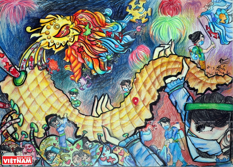 蜡笔画作品《龙之手》，尺寸40x60厘米，通过龙桥和金桥等岘港两座桥梁的形象体现越南全国人民齐心协力帮助岘港渡过疫情难关的爱心。图自《越南画报》