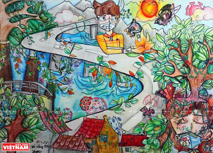 蜡笔画作品《新冠病毒番外》，尺寸40x60厘米。图自《越南画报》