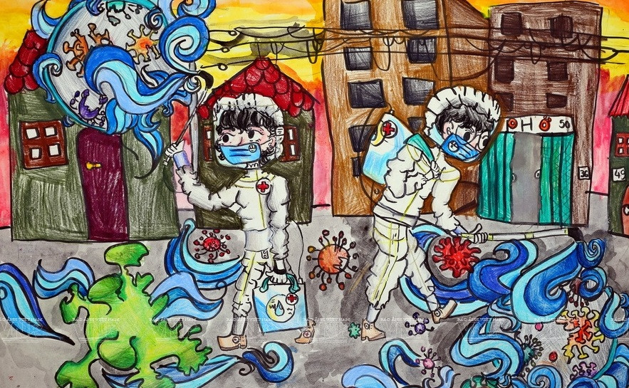 《消灭病毒》使用蜡笔和水彩，尺寸40x60厘米。图自《越南画报》