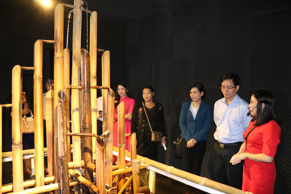 讲解人向参观者介绍得农声音展览馆展出的乐器。图自越通社