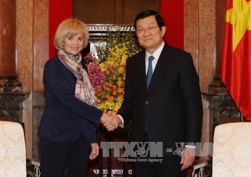12 月 16 日上午在主席府，越南国家主席张晋创会见来访的法国议会外交事务委员会主席伊丽莎白吉古。（图片来源：越通社）