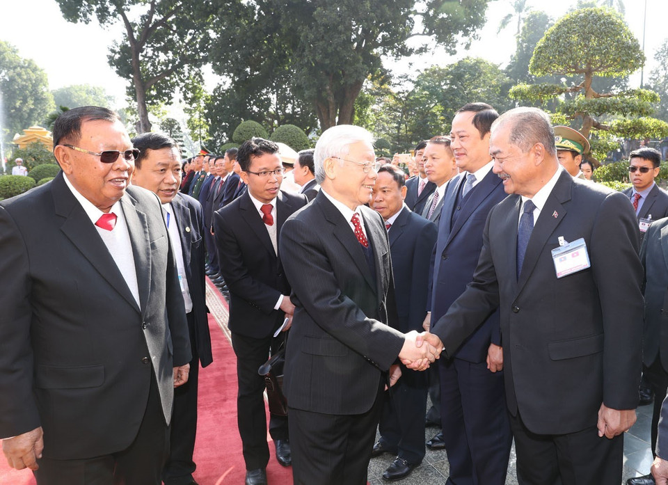 老挝人民革命党中央委员会总书记、国家主席本扬的欢迎仪式。越通社记者 智勇 摄