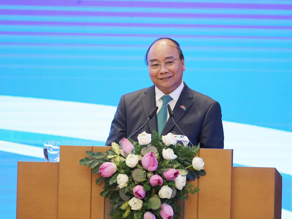 阮春福在签字仪式上发表讲话。图自越通社