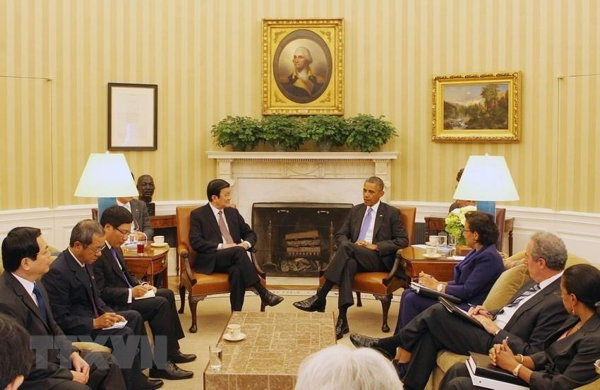 资料图：在对美国进行正式访问期间，2013年7月25日，越南国家主席张晋创与美国总统巴拉克奥巴马在白宫举行会谈。图自越通社