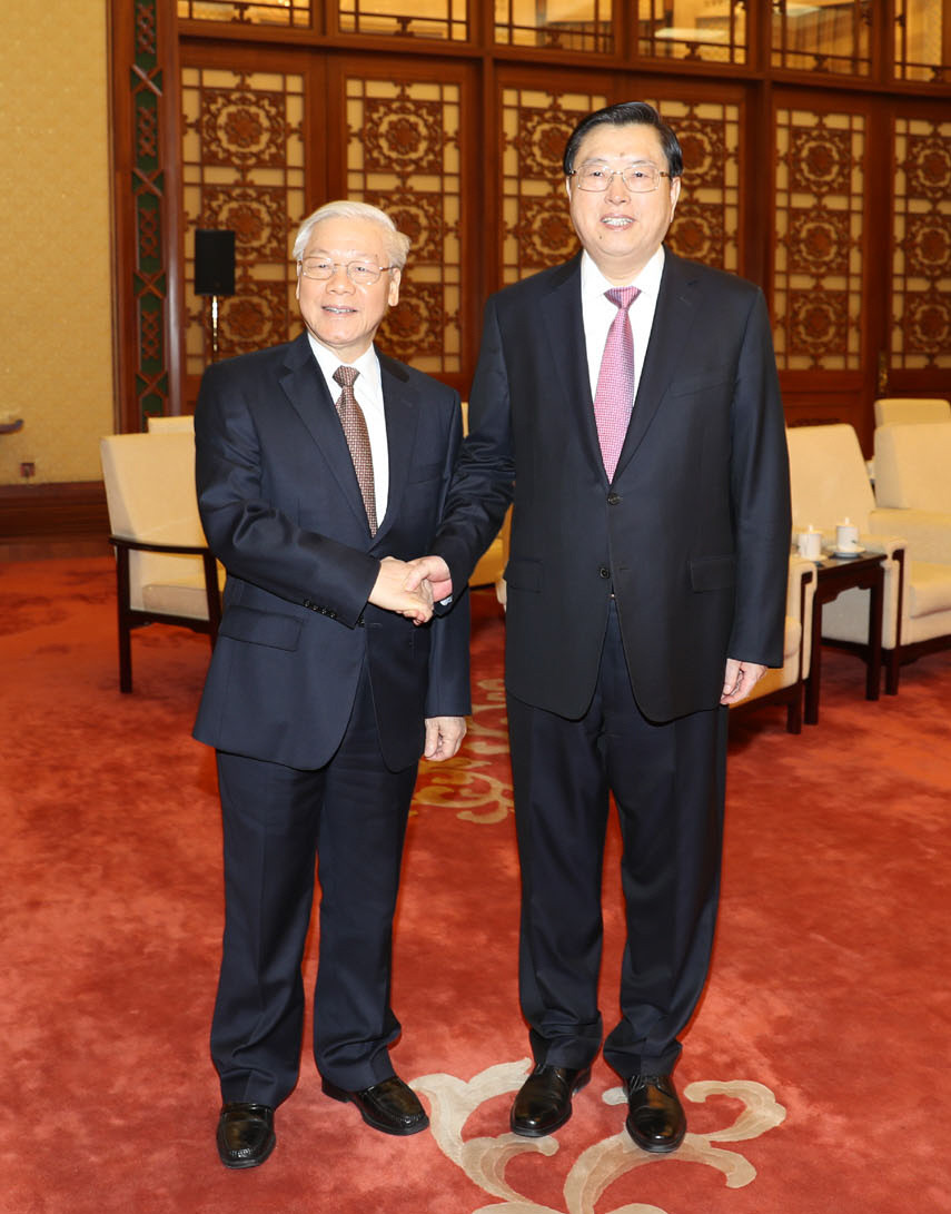 阮富仲总书记（左）会见中国全国人大常委会委员长张德江。（图片来源：越通社）