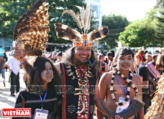 身着传统服装的艺人参加波来古市街头艺术节。越南画报记者 清和 摄