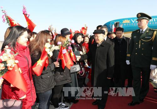 越南驻中国大使馆工作人员和旅​居中国越侨和越南人到机场迎接阮富仲一行。（图片来源：越通社）