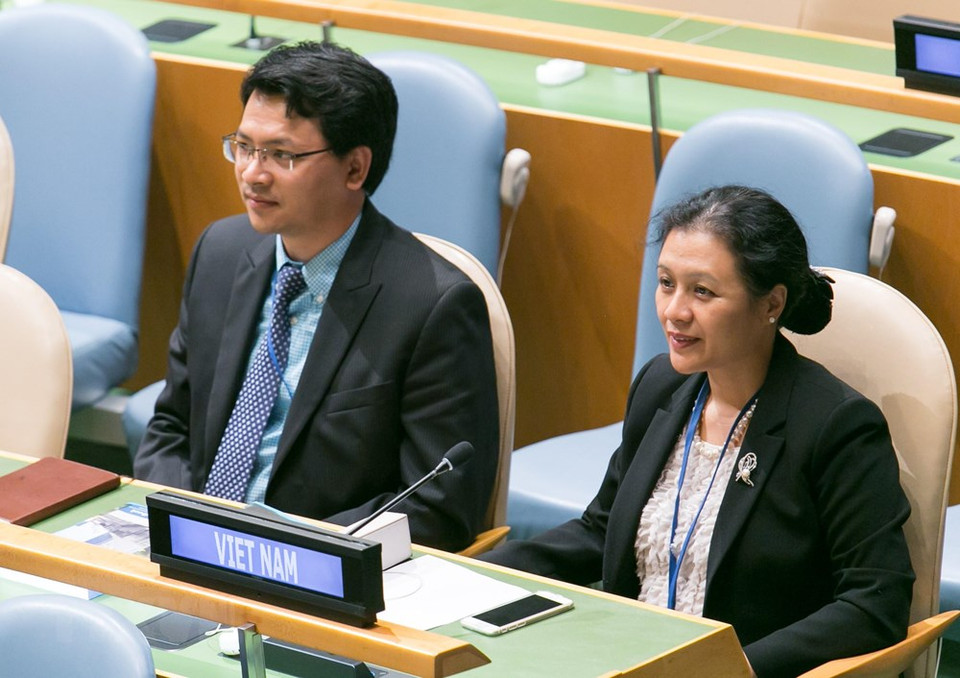 越南常驻联合国代表团团长阮芳俄大使率领越南代表团出席2015年9月15日在美国召开的第70届联合国大会。越通社记者 黎杨 摄