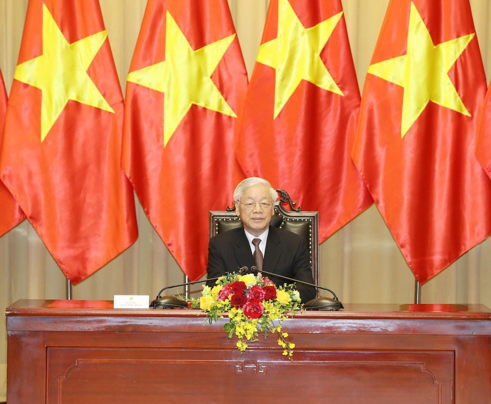 阮富仲在国书递交仪式上发表讲话。图自越通社