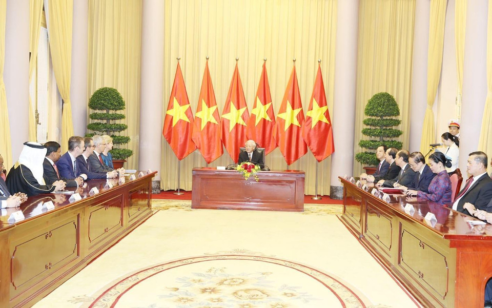 阮富仲对各国新任驻越特命全权大使表示欢迎。图自越通社