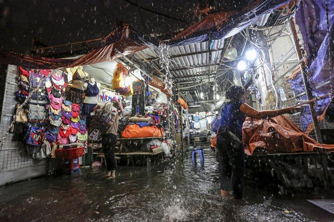 首都河内遭遇持续较长时间的将强降雨。图为：绿色集市小商贩收拾货物。越通社记者 明山 摄