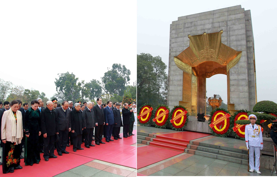 2月13日上午，越共中央执行委员会、国家主席、国会、政府、越南祖国阵线中央委员会代表团在河内北山路英烈纪念碑敬献花圈。越通社记者 安登 摄