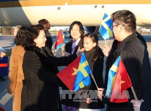 瑞典议会和外交部领导代表同越南驻瑞典特命全权大使段氏芳容等到机场迎接。（图片来源：越通社）