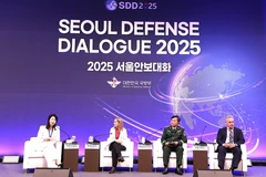 越南国防部副部长黄春战上将参加一场讨论会。图自越通社
