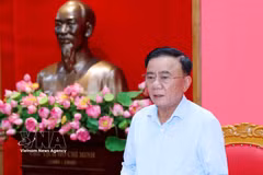 越共中央政治局委员、中央书记处常务书记、中央机关党委书记陈锦秀主持会议。图自越通社