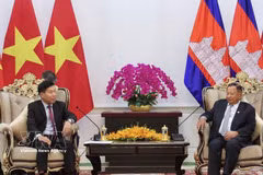 柬埔寨人民党（CPP）副主席、常务委员会委员长赛冲会见越共中央委员、外交部副部长阮孟强（右）。图自越通社