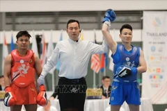 运动员阮氏秋水（蓝衣）在12月14日下午的比赛中表现出色，在女子60公斤级项目中战胜东道主泰国选手，取得胜利。图自越通社