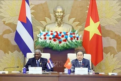 越南国会主席陈青敏与古巴全国人民政权代表大会主席埃斯特万·拉索·埃尔南德斯共同主持越古议会间合作委员会第二次会议。图自越通社