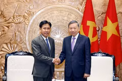 越共中央总书记、国家主席苏林会见老挝最高人民法院院长潘维·西布阿里法。图自越通社