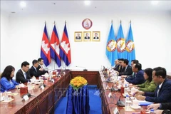 越共中央宣教与民运部与柬埔寨人民党中央民运部之间工作会谈场景。图自越通社