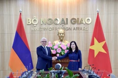 越南外交部副部长黎氏秋姮与亚美尼亚外交部副部长姆纳察坎·萨法良共同主持越南—亚美尼亚政治磋商。图自越通社
