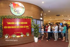 许多游客排队观看奠边府战役全景画（panorama）。图自越通社