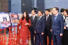 越共中央政治局委员、中央书记处常务书记陈锦秀与各位代表参观2025年民间外交工作成就图片展。图自越通社
