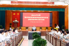 越共中央总书记苏林及中央工作代表团与安江省委常务委员会在富国特区举行工作会谈。图自越通社