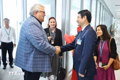 越南外交部副部长黎英俊到机场迎接新西兰议会议长格里·布朗利。图自越通社