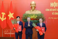 越共中央总书记、国家主席苏林向中央组织部部长阮维玉和中央办公厅主任阮海宁颁发任命决定。图自越通社
