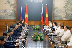 越共中央总书记、国家主席苏林与菲律宾总统菲律宾总统费迪南德·罗慕尔德兹·马科斯举行会谈。图自越通社
