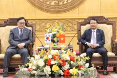 宁平省委书记邓春风（右）与韩国国会议长禹元植。图自越通社