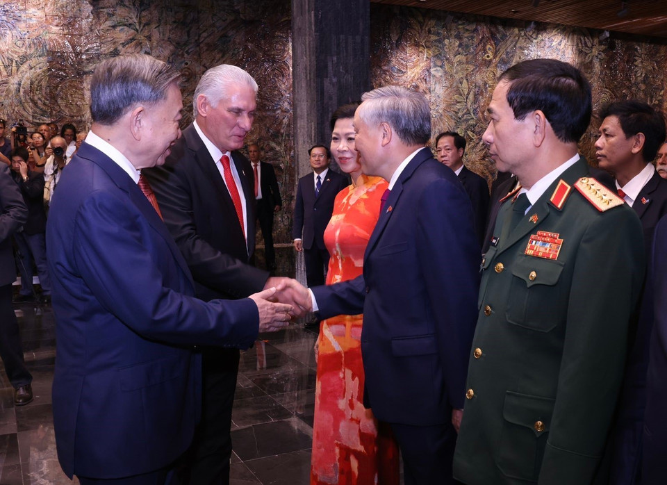 苏林总书记、国家主席向古巴共产党中央第一书记、古巴国家主席米格尔·迪亚斯·卡内尔·贝穆德斯介绍越南高级代表团成员。图自越通社