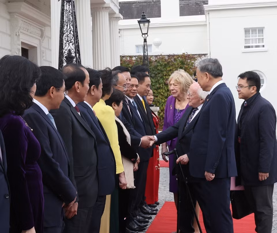 越共中央总书记、国家主席苏林向爱尔兰总统希金斯和夫人介绍越南高级代表团成员。图自越通社