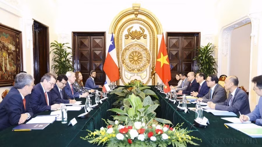 越南外交部长裴青山同智利外交部长阿尔韦托·范克拉韦伦举行会谈（2024年）。图自越通社