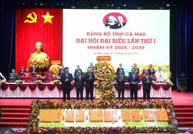 陈流光向大会赠送献花表示祝贺。图自越通社 ca-mau2-171025.jpg