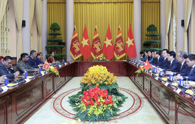 会谈场景。图自越通社 vna-potal-chu-tich-nuoc-luong-cuong-hoi-dam-voi-tong-thong-sri-lanka-8012899.jpg