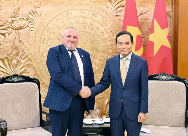 越共中央书记处书记、中央政策与战略部部长陈流光会见匈牙利社会党(MSZP)主席科姆亚蒂·伊姆莱(Komjáthi Imre)。图自越通社 2-1.jpg