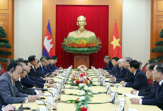 会见现场。图自越通社 vna-potal-tong-bi-thu-tiep-chu-tich-dang-nhan-dan-campuchia-chu-tich-thuong-vien-campuchia-hun-sen-8249173.jpg