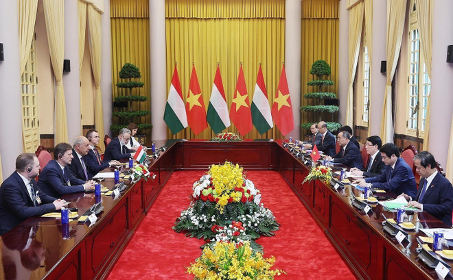 会谈场景。图自越通社 vna-potal-chu-tich-nuoc-luong-cuong-hoi-dam-voi-tong-thong-hungary-8059131.jpg