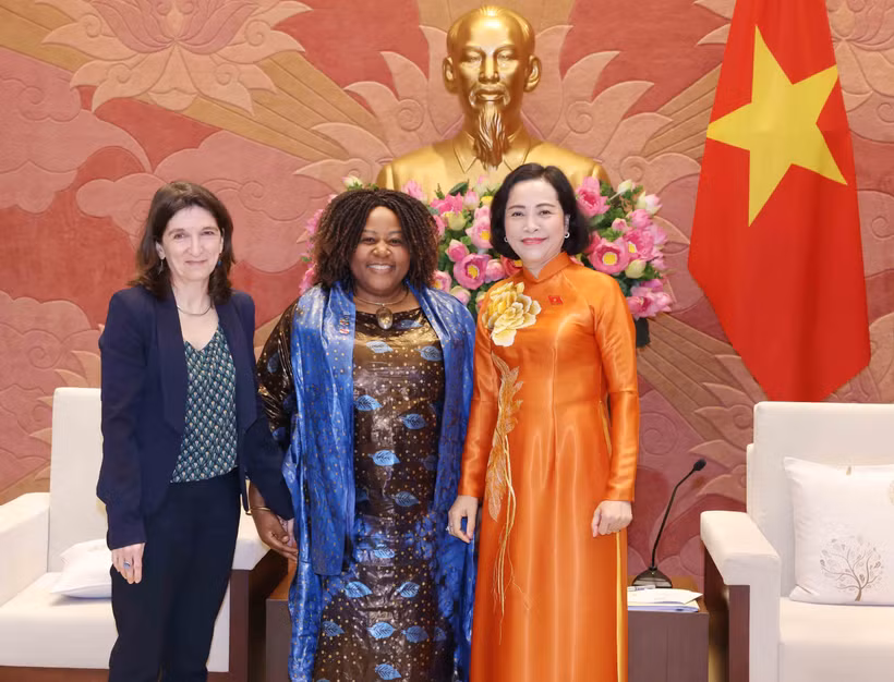 越南国会副主席阮氏清（右一）与联合国妇女署驻越南代首席代表卡罗琳·尼亚梅蒙贝和联合国儿童基金会驻越南副代表米凯拉·鲍尔。图自越通社