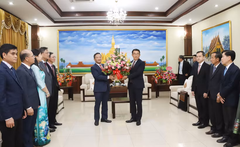 阮明心大使转交了越共总书记苏林的花篮。图自越通社