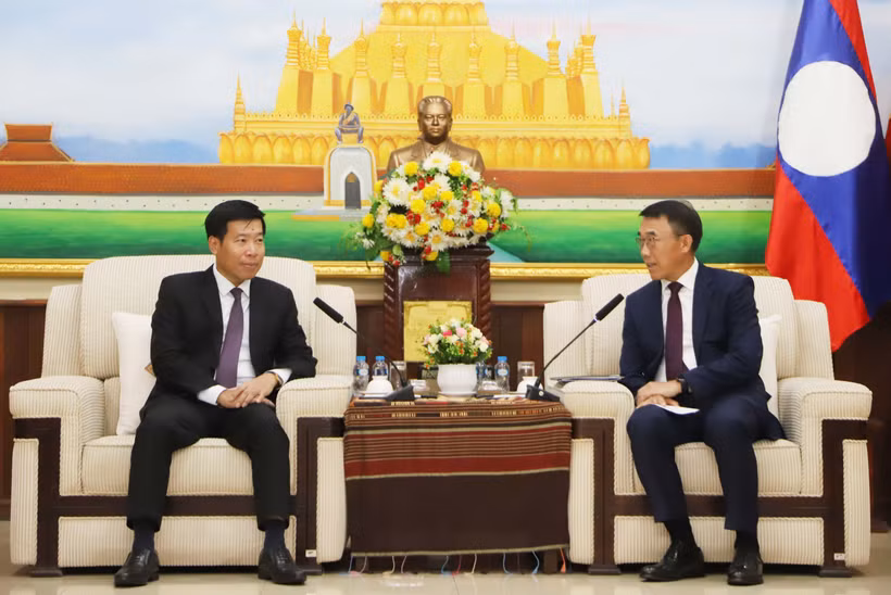 越南外交部副部长阮孟强与老挝中央对外部代理部长本莱·班达努冯。图自越通社
